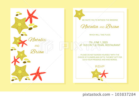 Wedding invitation summer marine theme plants layout.Starfish, pebbles. A frame of marine elements with text. Vector illustration. Wedding invitation summer marine theme plants layout.Starfish, pebbles. A frame of marine elements with text. Vector illustration. 103837284