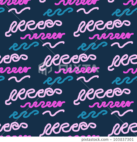 Seamless color pattern of linear doodle squiggles. The style of the 90s. Bright abstract design for background, banner, poster of various shapes. Vector illustration. Seamless color pattern of linear doodle squiggles. The style of the 90s. Bright abstract design for background, banner, poster of various shapes. Vector illustration. 103837301