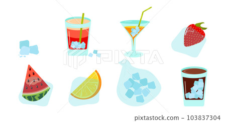 Blue ice cubes for cooling drinks set. Drinks with ice, fruit, orange, strawberry, watermelon, ice in a bag on a white background. Vector illustration. Blue ice cubes for cooling drinks set. Drinks with ice, fruit, orange, strawberry, watermelon, ice in a bag on a white background. Vector illustration. 103837304