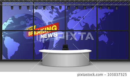 wooden table and breaking news on lcds background in the news studio room  103837325