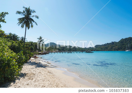Tropical sea with wooden pier and the beach in summer Tropical sea with wooden pier and the beach in summer 103837383