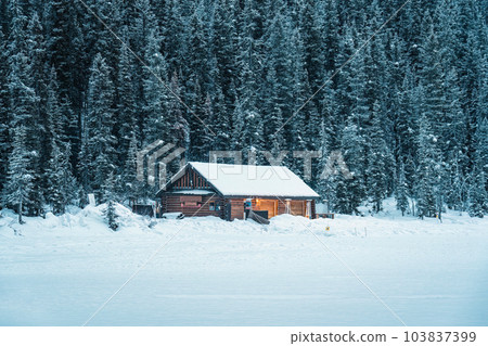 Snowy wooden cottage glowing in pine forest on Lake Louise in wintertime at Banff national park Snowy wooden cottage glowing in pine forest on Lake Louise in wintertime at Banff national park 103837399