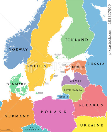 Baltic Sea area, colored countries, political map, with national borders and English names. Countries along the coast of the Baltic Sea, with surrounding countries in Europe. Isolated illustration. 103837909
