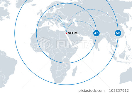NEOM, short distance flights to major cities, map. It is claimed, with short flights from Neom (a planned smart city in Saudi Arabia), major international cities will be reached within 4 to 6 hours. NEOM, short distance flights to major cities, map. It is claimed, with short flights from Neom (a planned smart city in Saudi Arabia), major international cities will be reached within 4 to 6 hours. 103837912