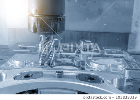 The high precision automotive parts milling process on CNC milling machine with rough cutter tool. 103838339