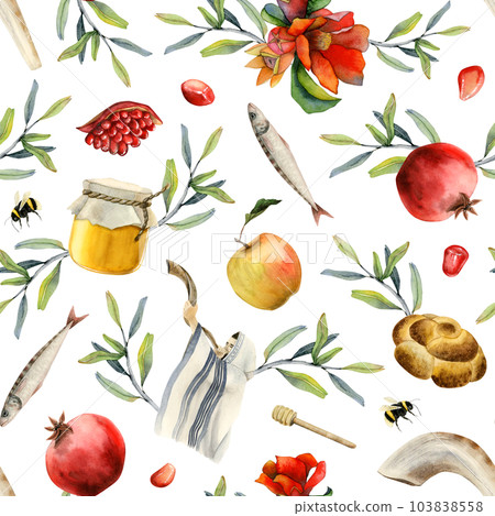 Rosh hashanah watercolor seamless pattern on... - Stock Illustration ...