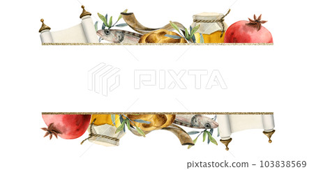 Rosh Hashanah and Yom Kippur rectangular greeting banner template with copyspace watercolor illustration isolated on white background for Jewish New year. Shana tova, pomegranates, honey, challah Rosh Hashanah and Yom Kippur rectangular greeting banner template with copyspace watercolor illustration isolated on white background for Jewish New year. Shana tova, pomegranates, honey, challah 103838569