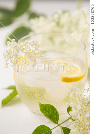 A cold summer drink made of elderflowers and lemon with ice 103838769