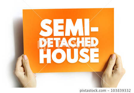 Semi-detached House is a single family duplex dwelling house that shares one common wall with the next house, text concept on card 103839332