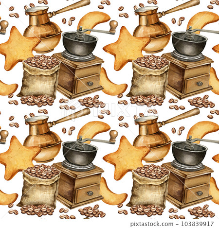 watercolor seamless pattern of coffee theme with gunny sack with coffee beans, coffee mull, cookies, turkish coffe pot, coffee beans, hand drawn illustration, pattern on white background 103839917