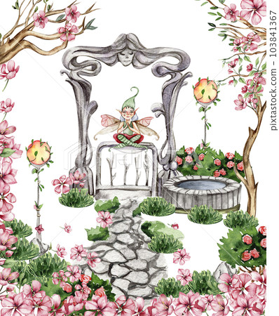 Composition with forest fairy, green tree and bushes . Watercolor hand drawn illustration . Perfect for greeting card, poster, wedding invitation, party decor. Composition with forest fairy, green tree and bushes . Watercolor hand drawn illustration . Perfect for greeting card, poster, wedding invitation, party decor. 103841367