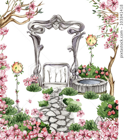 Composition with green tree and bushes . Watercolor hand drawn illustration . Perfect for greeting card, poster, wedding invitation, party decor. Composition with green tree and bushes . Watercolor hand drawn illustration . Perfect for greeting card, poster, wedding invitation, party decor. 103841418