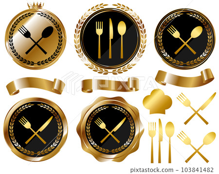 Luxury cutlery emblem and ribbon set black & gold 103841482