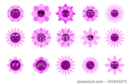 Flowers with cartoon funny smiling faces. Groovy flower cartoon characters. Funny happy daisy with eyes and smile. Kids logo design with daisies vector set. Flowers with cartoon funny smiling faces. Groovy flower cartoon characters. Funny happy daisy with eyes and smile. Kids logo design with daisies vector set. 103841673