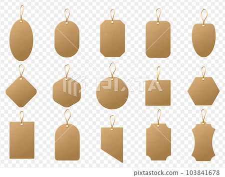 Realistic craft carton paper price tags of different shapes. Shopping paper labels with rope. Sale tags and labels 103841678
