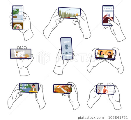 Hands holding a smartphone. Watching videos online on mobile phone screen. Podcast, news, watching video online, talk show, tv application, live streaming. Concept of news Hands holding a smartphone. Watching videos online on mobile phone screen. Podcast, news, watching video online, talk show, tv application, live streaming. Concept of news 103841751