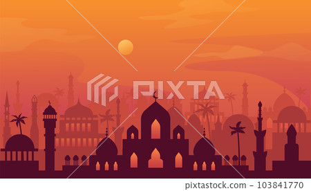 Arabian cityscape. Sunset town scenery. Old arabian cityscape. Sunset town scenery. Arabian cityscape. Sunset town scenery. Old arabian cityscape. Sunset town scenery. 103841770