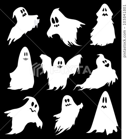 Cartoon halloween ghost, ghosted spooky spirit and mysterious phantoms. Scary ghost characters, fly funny spook, cute smiling scare halloween ghost mascots vector illustration set. 103841801