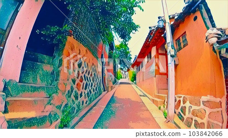 alley lined with houses alley lined with houses 103842066
