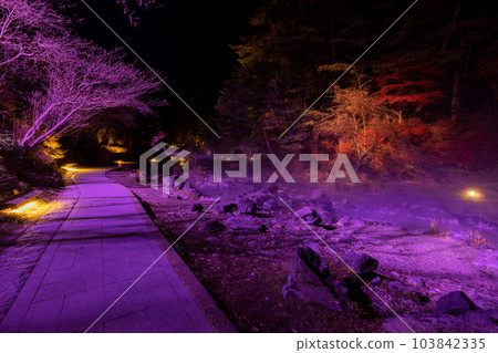 Kusatsu Onsen, Sainokawara Park illuminated night view Kusatsu Onsen, Sainokawara Park illuminated night view 103842335