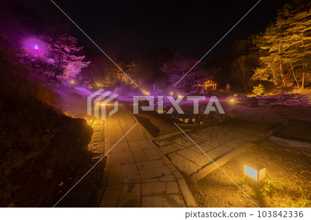 Kusatsu Onsen, Sainokawara Park illuminated night view Kusatsu Onsen, Sainokawara Park illuminated night view 103842336