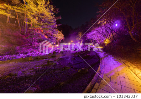 Kusatsu Onsen, Sainokawara Park illuminated night view Kusatsu Onsen, Sainokawara Park illuminated night view 103842337