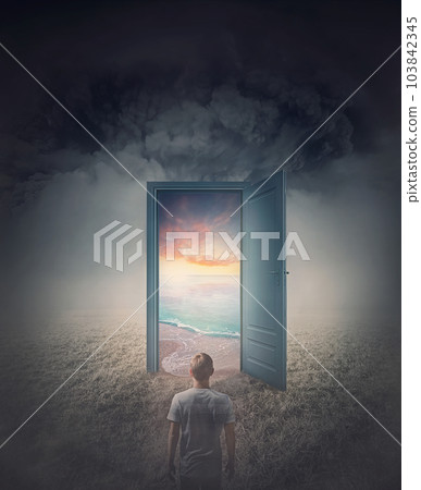 Teleportation door to your hidden dreams. A person in a dark land in front of a doorway as portal leading to a tropical beach with blue sea and sunset view. Magical and surreal scene, travel concept Teleportation door to your hidden dreams. A person in a dark land in front of a doorway as portal leading to a tropical beach with blue sea and sunset view. Magical and surreal scene, travel concept 103842345