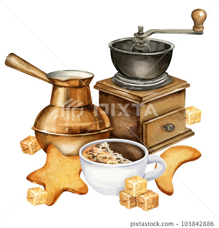 watercolor composition of coffee theme with coffee mull, cookies, turkish coffe pot, cup of espresso and brown sugar cubs, hand drawn illustration isolated on white background watercolor composition of coffee theme with coffee mull, cookies, turkish coffe pot, cup of espresso and brown sugar cubs, hand drawn illustration isolated on white background 103842886