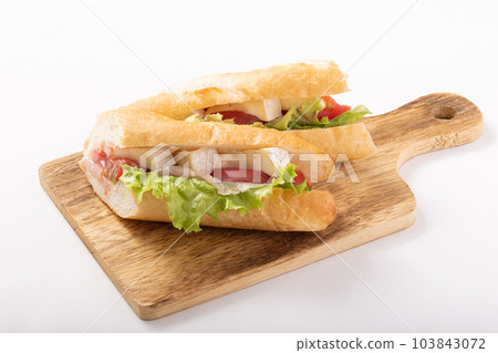 Sandwich with uncured ham and camembert cheese 103843072