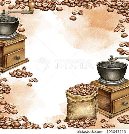 watercolor square frame of coffee theme with coffee beans and traditional coffee mull, full canvas sack with coffee beans, hand drawn illustration, arabica on watercolor splashes 103843233