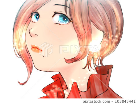 嘴角有痣、臉型斜向上的少女線描彩繪頭髮=棕色無背景 103843441