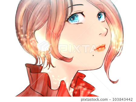 嘴角有痣、臉型斜向上的少女線描彩繪頭髮=棕色無背景 嘴角有痣、臉型斜向上的少女線描彩繪頭髮=棕色無背景 103843442