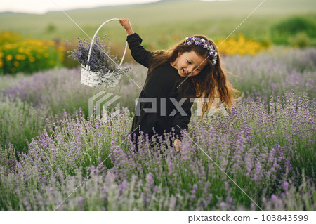 Provence child relaxing in lavender field. Little lady in a black dress. Girl with bag. Provence child relaxing in lavender field. Little lady in a black dress. Girl with bag. 103843599