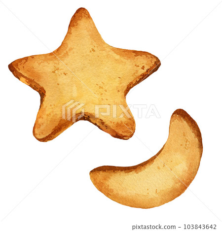 watercolor homemade cookies in the shape of a star and crescent moon, hand drawn illustration of baking biscuits isolated on white background watercolor homemade cookies in the shape of a star and crescent moon, hand drawn illustration of baking biscuits isolated on white background 103843642