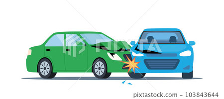Car accident. Damaged transport on the road. Collision of two cars, side view. Road collisition. Damaged transport. Collision on road, safety of driving personal vehicles, car insurance. Vector. Car accident. Damaged transport on the road. Collision of two cars, side view. Road collisition. Damaged transport. Collision on road, safety of driving personal vehicles, car insurance. Vector. 103843644