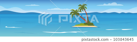 Tropical island in the ocean with palms. Sea surface, mountains on the horizon, waves. Summer vacation holiday. Flat Vector Illustration. 103843645