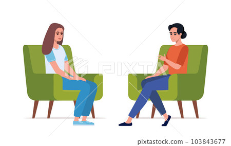 Female psychotherapist has an Individual session with her patient. Woman sits on the chair and her therapist talk her. Talk therapy concept. Vector illustration. 103843677