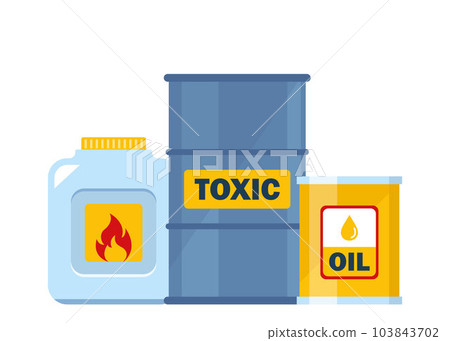 Set of containers with toxic and chemical substances. Dangerous Toxic, Biohazard, Radioactive, Flammable substances. Vector illustration. 103843702