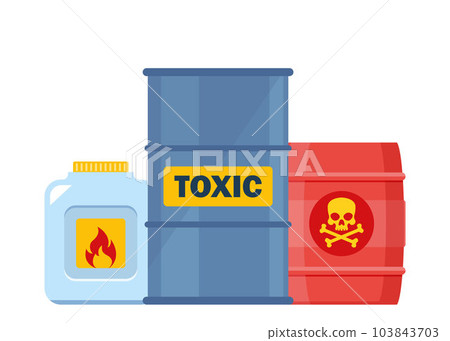 Set of containers with toxic and chemical substances. Dangerous Toxic, Biohazard, Radioactive, Flammable substances. Vector illustration. Set of containers with toxic and chemical substances. Dangerous Toxic, Biohazard, Radioactive, Flammable substances. Vector illustration. 103843703