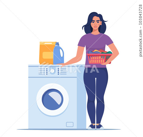 Woman is going to put dirty clothes in a washing machine. Laundry and domestic work. Equipment for things cleaning. Clothing wash vector concept illustration. Woman is going to put dirty clothes in a washing machine. Laundry and domestic work. Equipment for things cleaning. Clothing wash vector concept illustration. 103843728