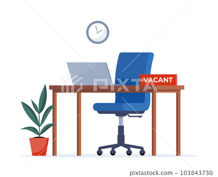 Vacant office workplace. We are hiring employment vacant sign. New company executives vacancy. Empty office armchair for executive. Recruitment and people management vector concept illustration. 103843730