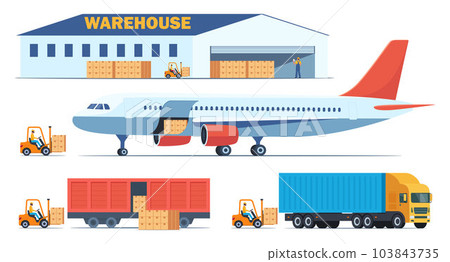 Loading boxes with goods from warehouse into different types of cargo transport. Cargo plane, train, truck and forklift loads cargo into them. Cargo and delivery, set of elements, vector illustration. 103843735