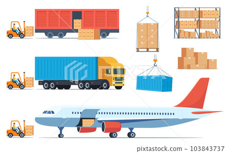 Loading boxes with goods into different types of cargo transport. Cargo plane, train, truck and forklift loads cargo into them. Cargo and delivery, set of elements, vector illustration. Loading boxes with goods into different types of cargo transport. Cargo plane, train, truck and forklift loads cargo into them. Cargo and delivery, set of elements, vector illustration. 103843737