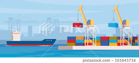 Cargo ship loading in city port. Cranes on dockside, pier unloading shipping containers from freight vessel to shore. Vector illustration in flat style. 103843738