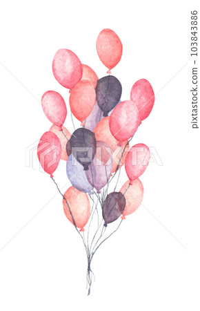 Watercolor air balloons. Hand drawn pack of party pink and purple balloons. 103843886