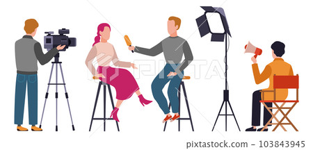 Journalist. Newscaster profession. Record press interview. Operator with camera, man with microphone in studio, online broadcast and television industry, cartoon flat isolated vector illustration 103843945