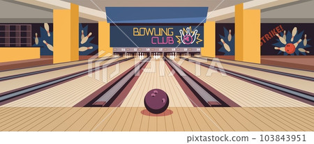 Cartoon bowling center interior. Wooden alleys with skittles, ball for group game competition, empty club, sports and leisure time entertainment, horizontal banner, tidy vector concept Cartoon bowling center interior. Wooden alleys with skittles, ball for group game competition, empty club, sports and leisure time entertainment, horizontal banner, tidy vector concept 103843951