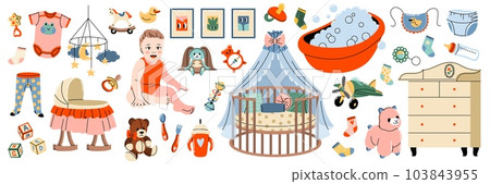 Baby accessories. Different nursery objects, cute newborn with toys, playpen, changing table, clothing and diapers, bed and bath, bottle with pacifier, tidy vector cartoon flat isolated set 103843955