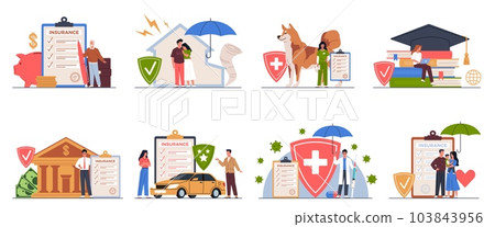 Accident insurance. Financial investments in different life spheres, people take care of property, health and pets. Safety shield and document. Cartoon flat style isolated nowaday vector concept Accident insurance. Financial investments in different life spheres, people take care of property, health and pets. Safety shield and document. Cartoon flat style isolated nowaday vector concept 103843956