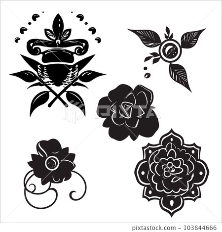Vector tattoo collection isolated on white background. Silhouette illustration. Traditional art tattoos. Vector tattoo collection isolated on white background. Silhouette illustration. Traditional art tattoos. 103844666